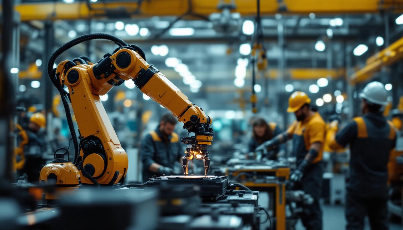 A photograph of a dynamic industrial setting showcasing a robotic arm in action