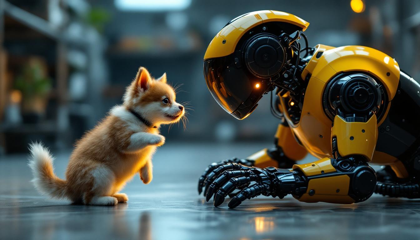 A photograph of a playful pet interacting with an industrial robot in a dynamic and engaging environment