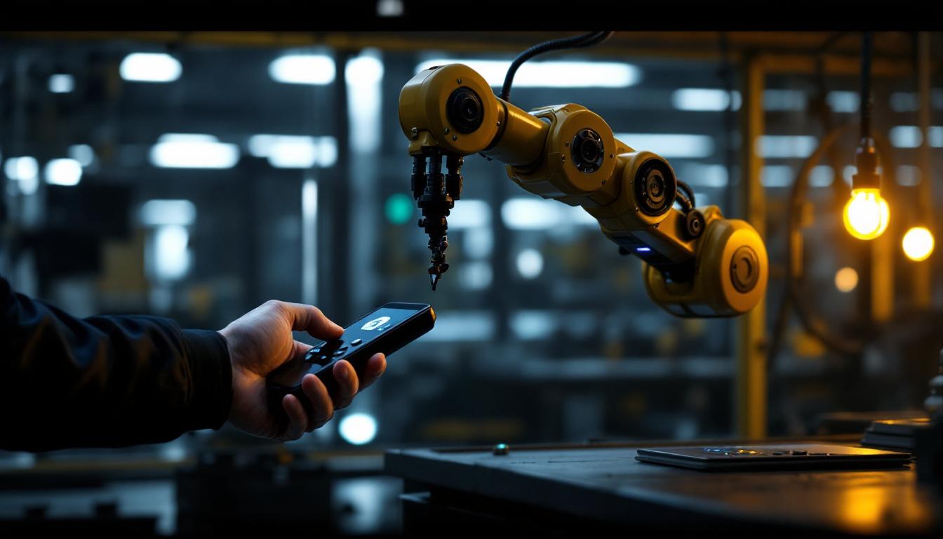 A photograph of a sleek industrial robotic arm in action