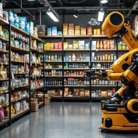 A photograph of a well-organized pet supply store aisle featuring a variety of pet products alongside an industrial robot in action