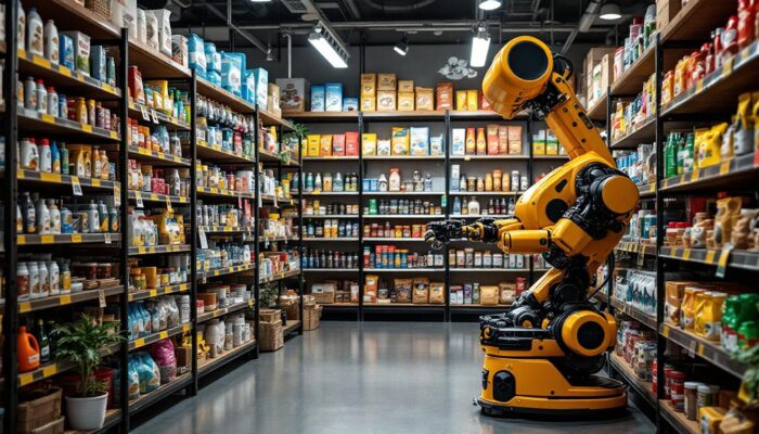 A photograph of a well-organized pet supply store aisle featuring a variety of pet products alongside an industrial robot in action