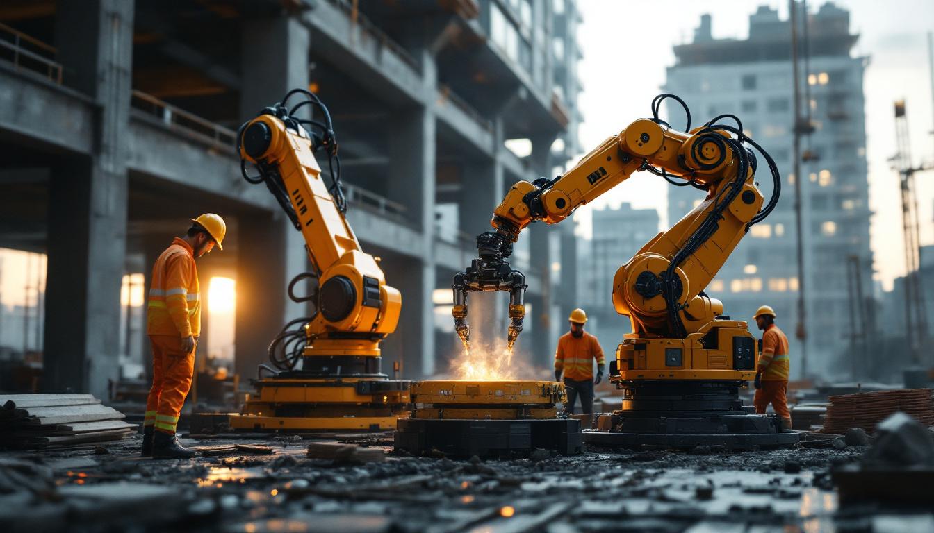 A photograph of a construction site featuring a robotic arm in action