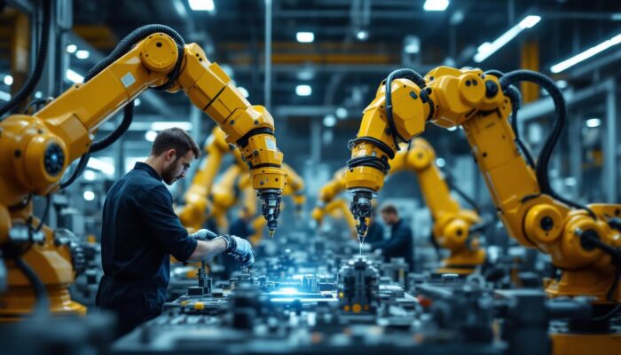 A photograph of a dynamic industrial robotics environment