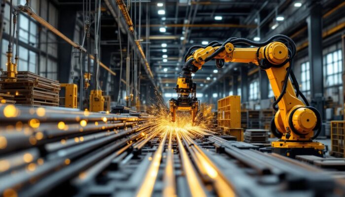 A photograph of a dynamic industrial setting showcasing a rebar stand in use alongside an industrial robotic arm