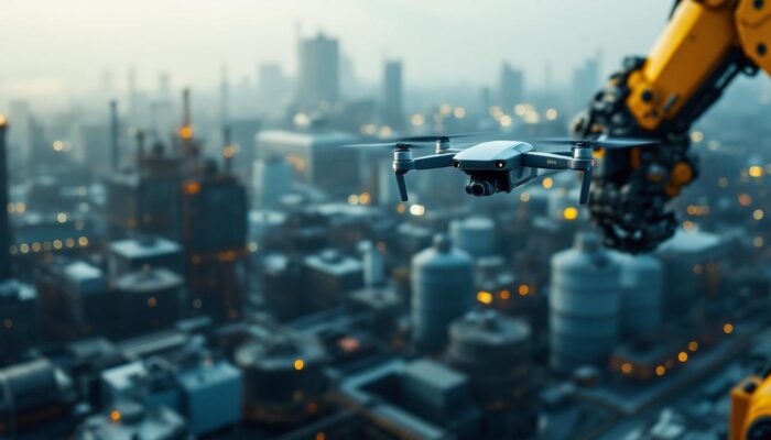 A photograph of a drone in action over an industrial landscape