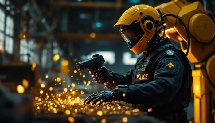 A photograph of a dynamic scene showcasing an eod police officer in action alongside an industrial robot