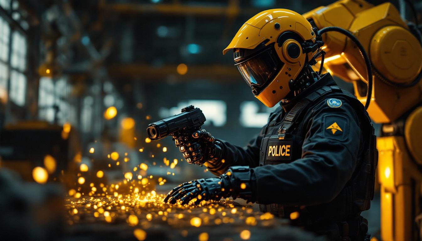 A photograph of a dynamic scene showcasing an eod police officer in action alongside an industrial robot