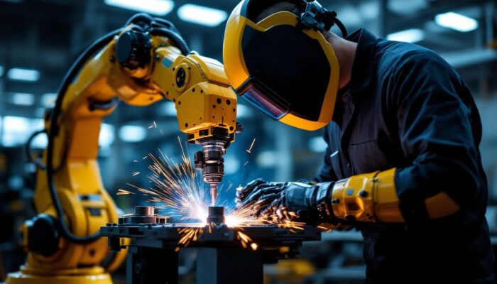 A photograph of a skilled technician operating a robotic arm in a modern manufacturing environment