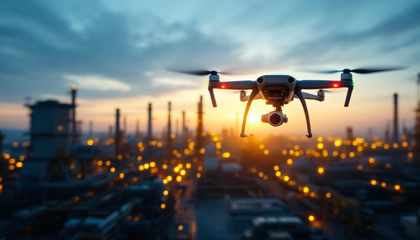 A photograph of capture a photograph of a drone equipped with a thermal camera flying over an industrial site
