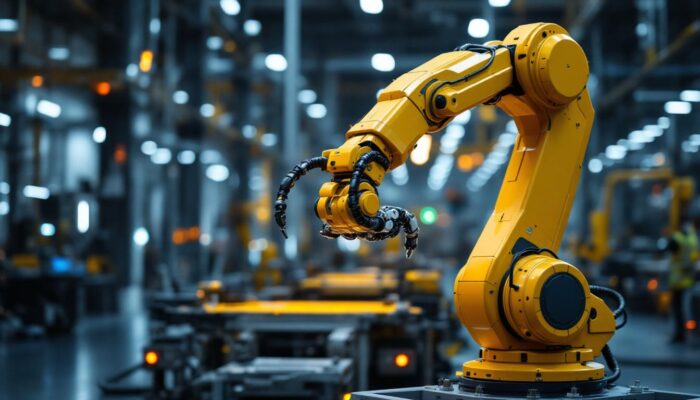 A photograph of a modern industrial robotic arm in action