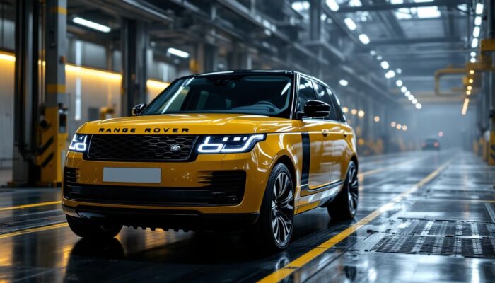 A photograph of a sleek range rover parked in an industrial setting