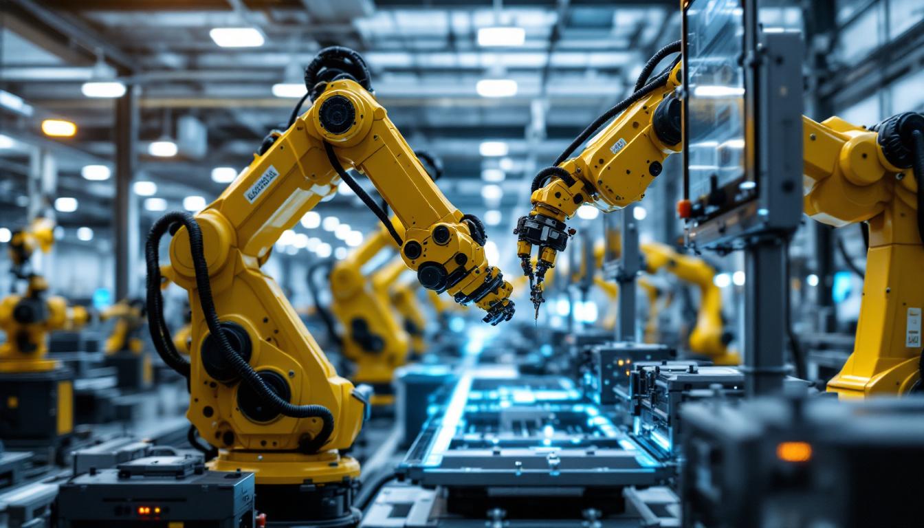 A photograph of a modern industrial setting featuring a variety of robotic arms and automation systems in action