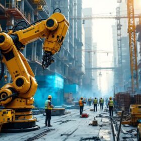 A photograph of a bustling construction site featuring industrial robots in action