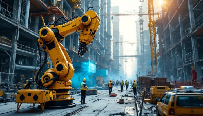 A photograph of a bustling construction site featuring industrial robots in action