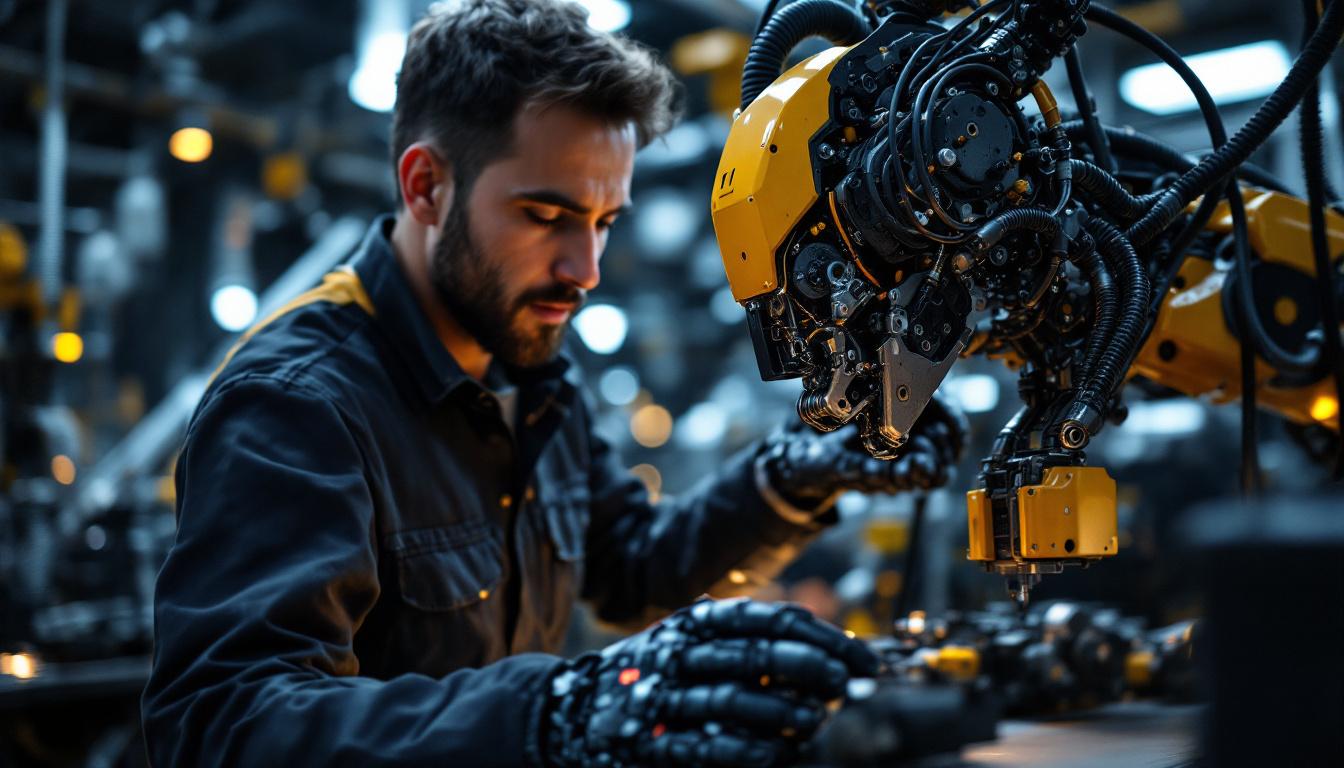 A photograph of a skilled engineer working on an industrial robot