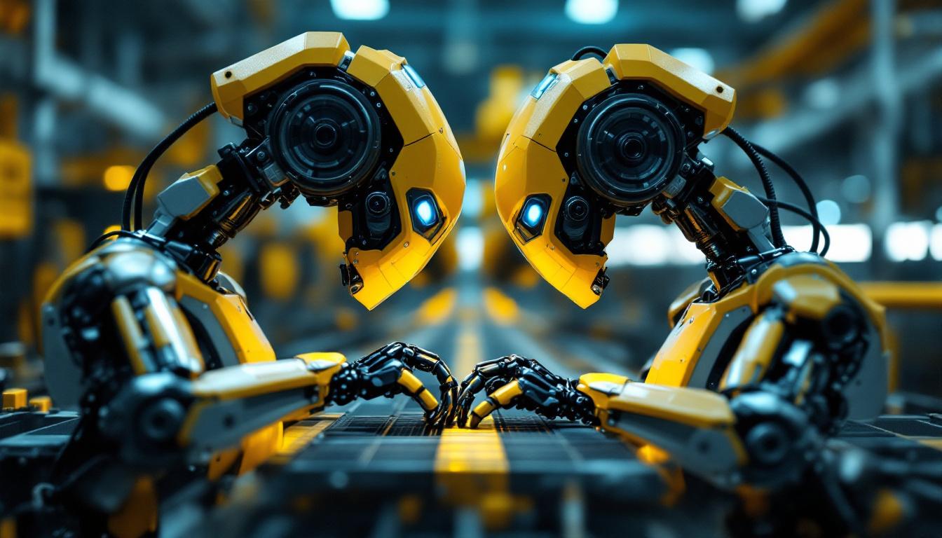 A photograph of a pair of industrial robots working in harmony on an assembly line