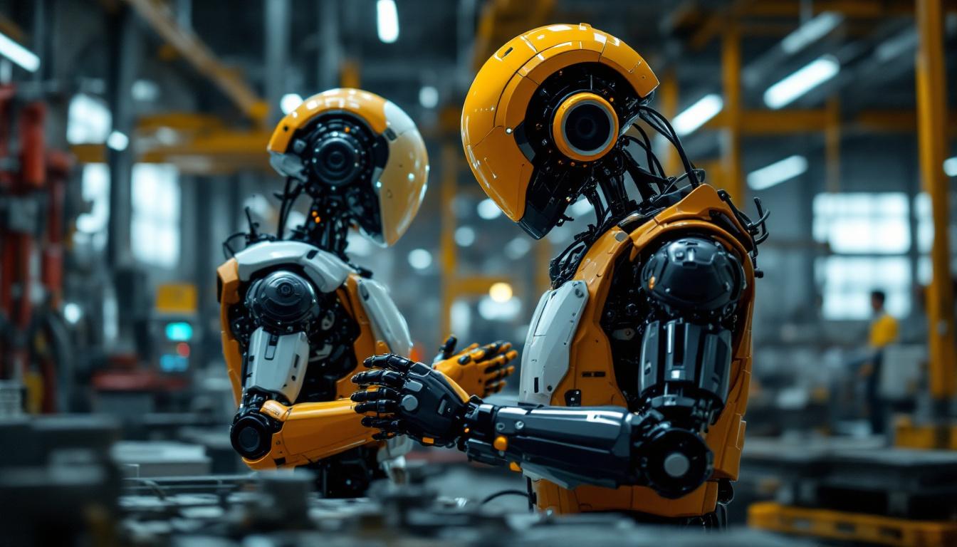 A photograph of a humanoid robot interacting with humans in an industrial setting