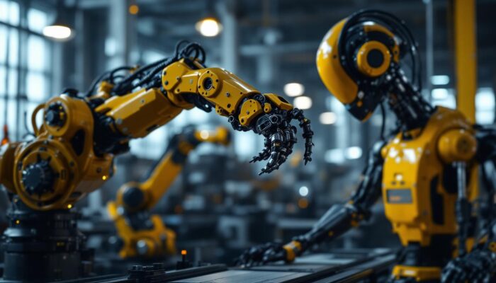 A photograph of a well-lit workspace showcasing a detailed robotic arm in action alongside an industrial robot