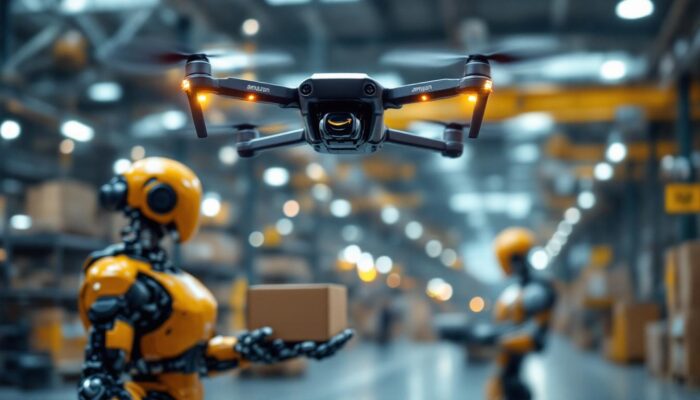 A photograph of a dynamic scene showcasing an amazon delivery drone in flight alongside industrial robots working in a warehouse
