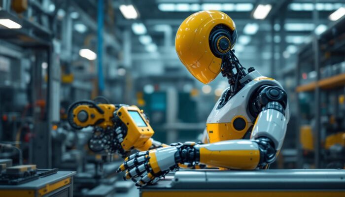 A photograph of a sleek industrial robot in action within a modern manufacturing facility