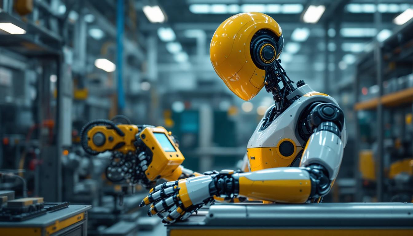 A photograph of a sleek industrial robot in action within a modern manufacturing facility