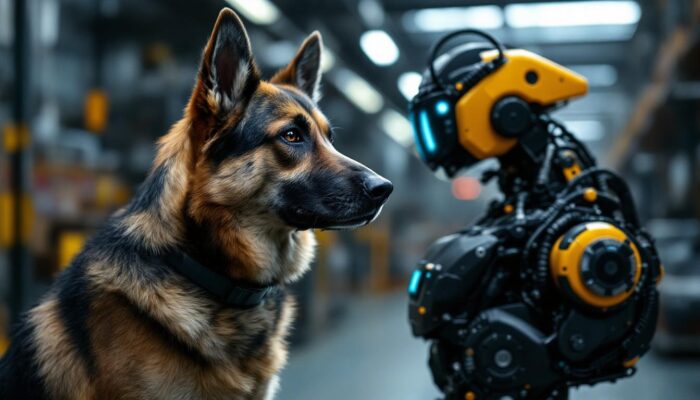 A photograph of a trained guard dog in an industrial setting