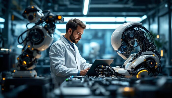 A photograph of a biomedical engineer collaborating with industrial robots in a high-tech lab setting
