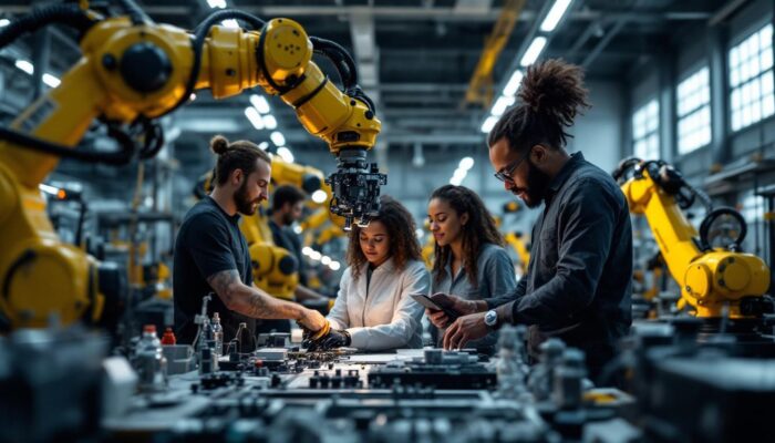 A photograph of a dynamic industrial robotics workspace