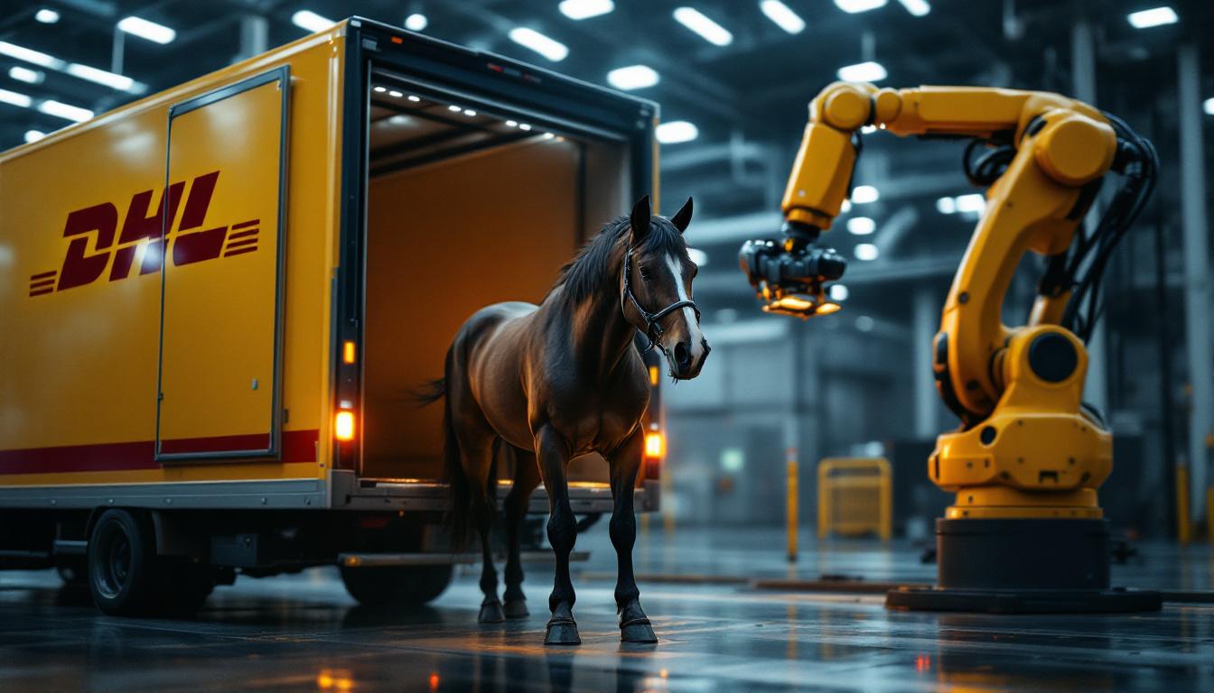 A photograph of a dhl transport vehicle loading or unloading a horse