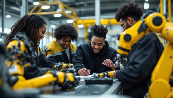 A photograph of a diverse group of enthusiastic graduates engaging with advanced industrial robots in a modern training facility