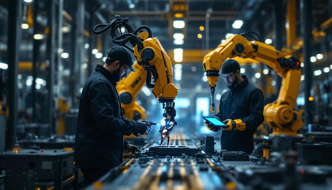 A photograph of a dynamic industrial setting showcasing advanced robotics in action