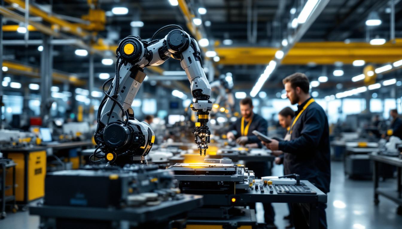 A photograph of a state-of-the-art industrial robot in action within a modern manufacturing facility
