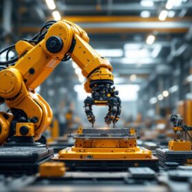 A photograph of a dynamic industrial robot in action