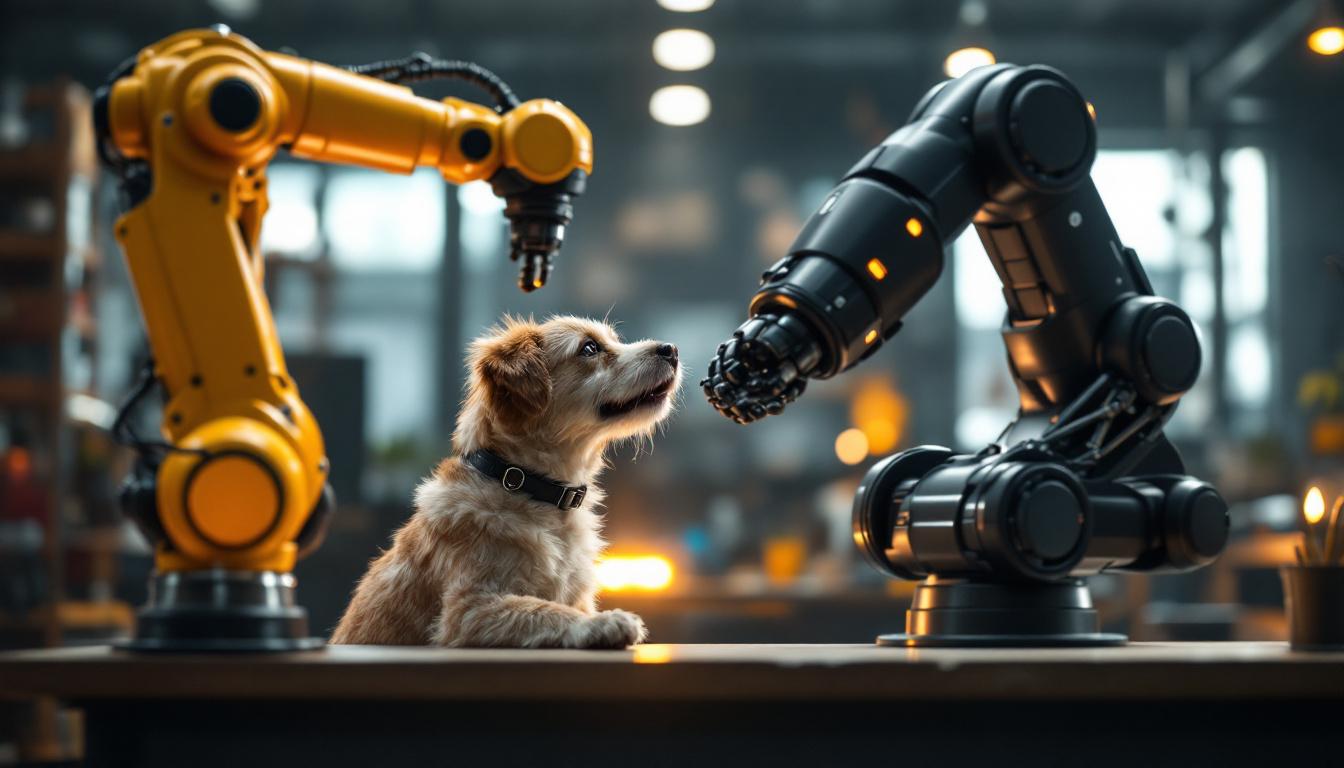 A photograph of a dynamic scene featuring a second-hand hound interacting playfully with an industrial robotic arm
