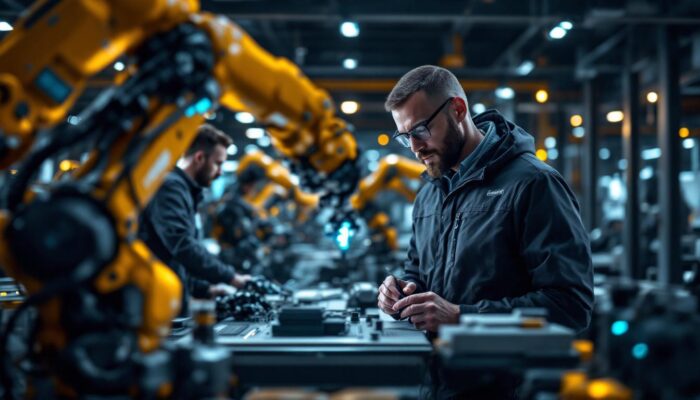 A photograph of a dynamic scene featuring a rotational product manager collaborating with engineers in a high-tech environment