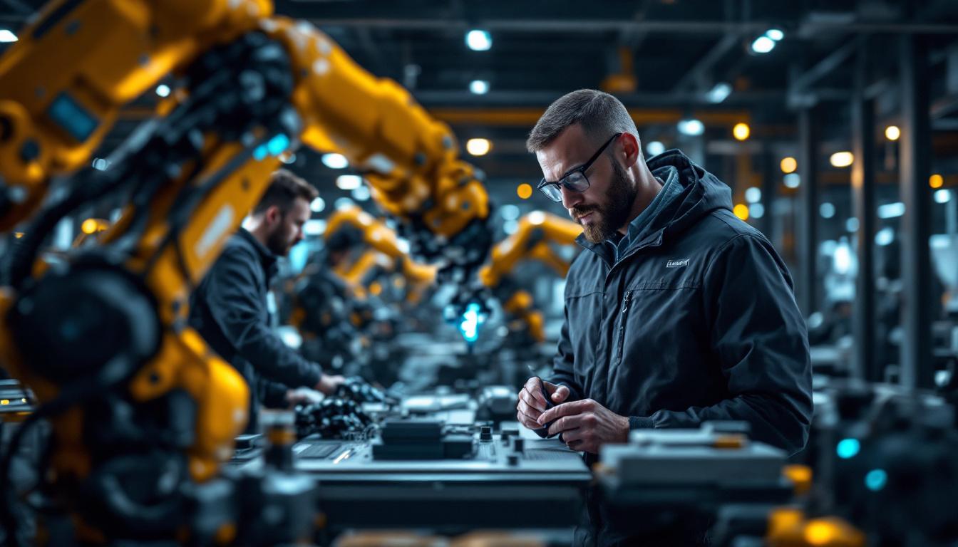 A photograph of a dynamic scene featuring a rotational product manager collaborating with engineers in a high-tech environment