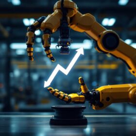 A photograph of a sleek industrial robotic arm in action