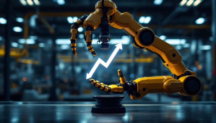 A photograph of a sleek industrial robotic arm in action