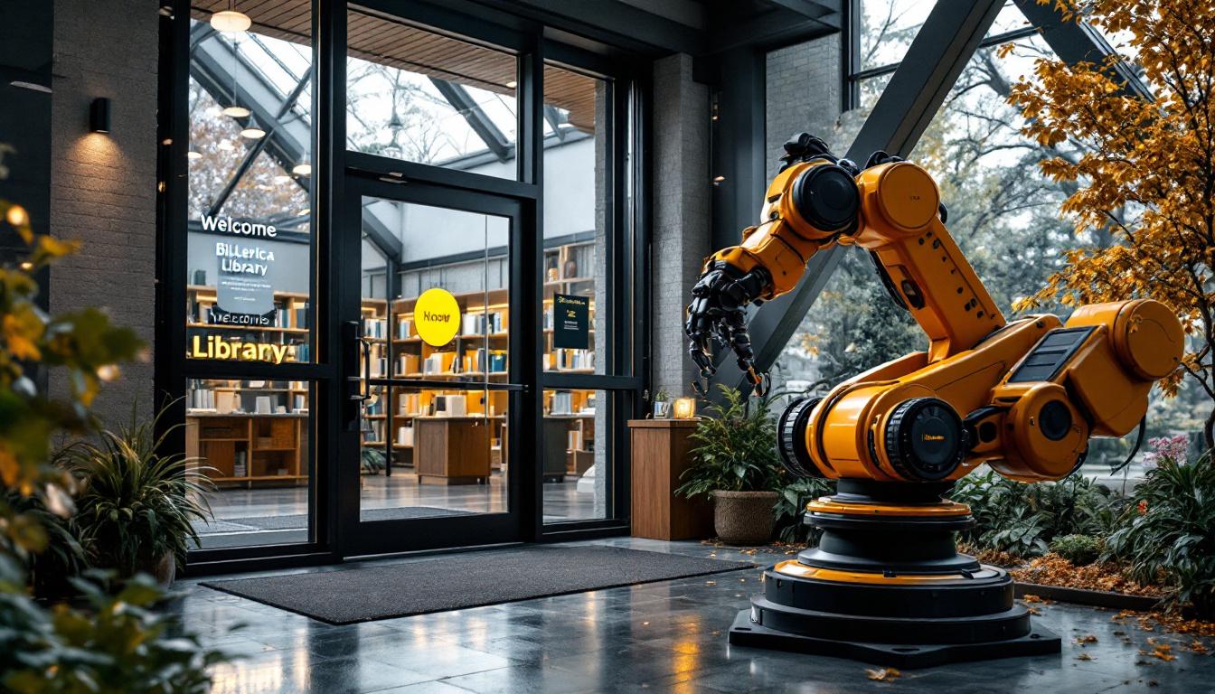 A photograph of a dynamic scene showcasing both the billerica library's welcoming entrance and a visually engaging industrial robot in action