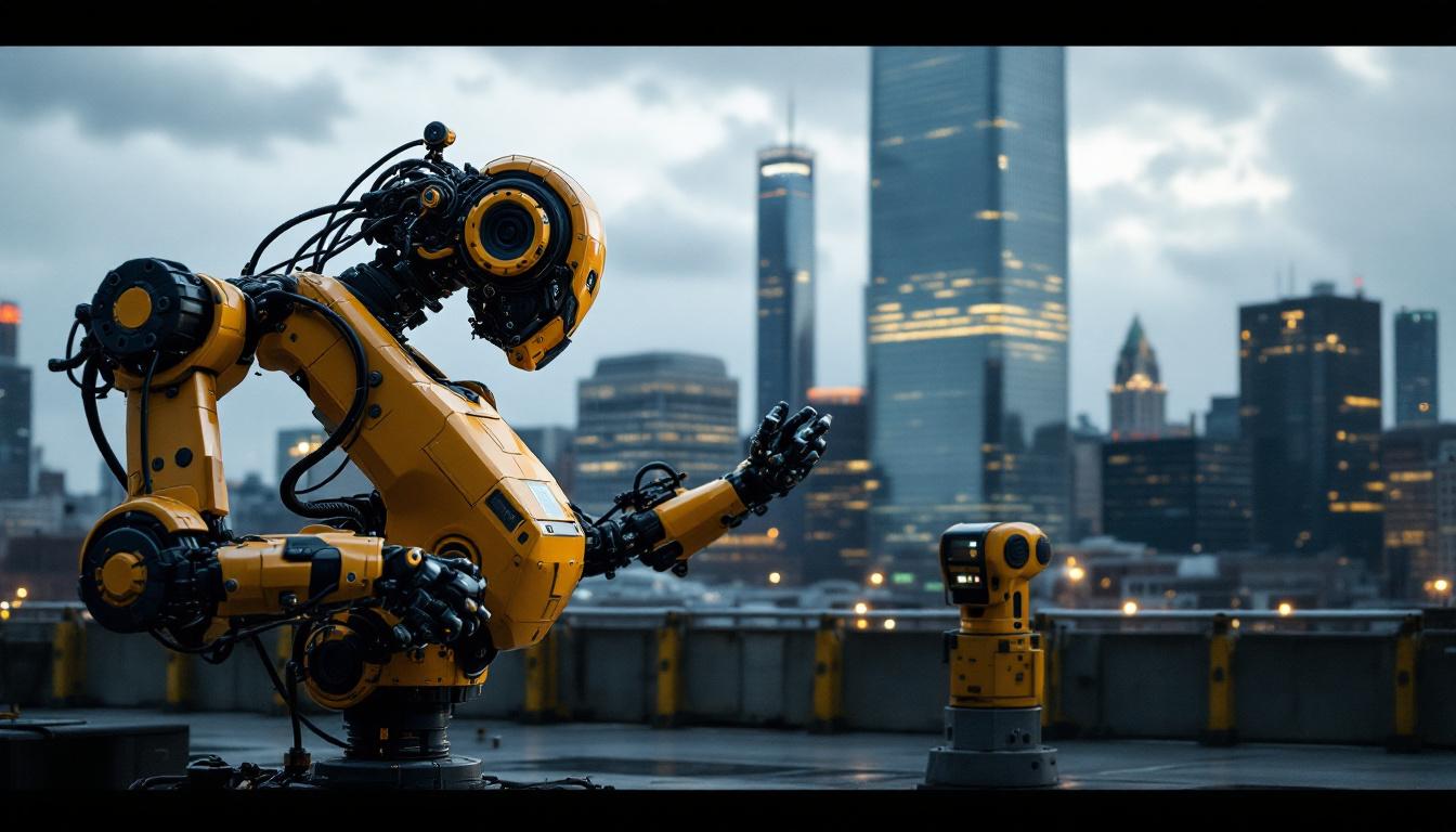 A photograph of a dynamic urban scene in boston that showcases both the city's iconic skyline and a working industrial robot in action