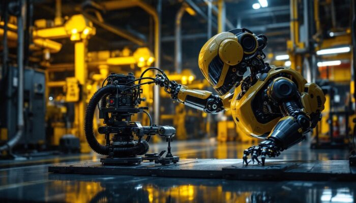 A photograph of a cutting-edge industrial robot in action within a cbrne (chemical