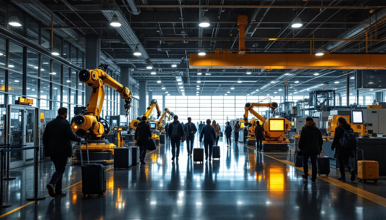 A photograph of capture a photograph of a busy logan airport terminal with travelers and luggage in motion