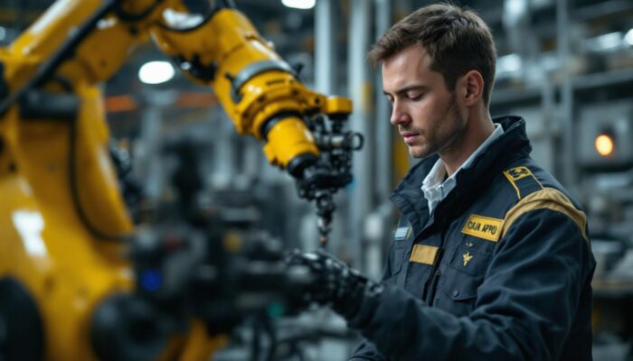 A photograph of capture a photograph of a civil air patrol member in uniform engaging with an industrial robotic arm in a training or operational setting