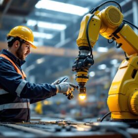 A photograph of a skilled technician operating a trimble industrial robotic system in a dynamic work environment