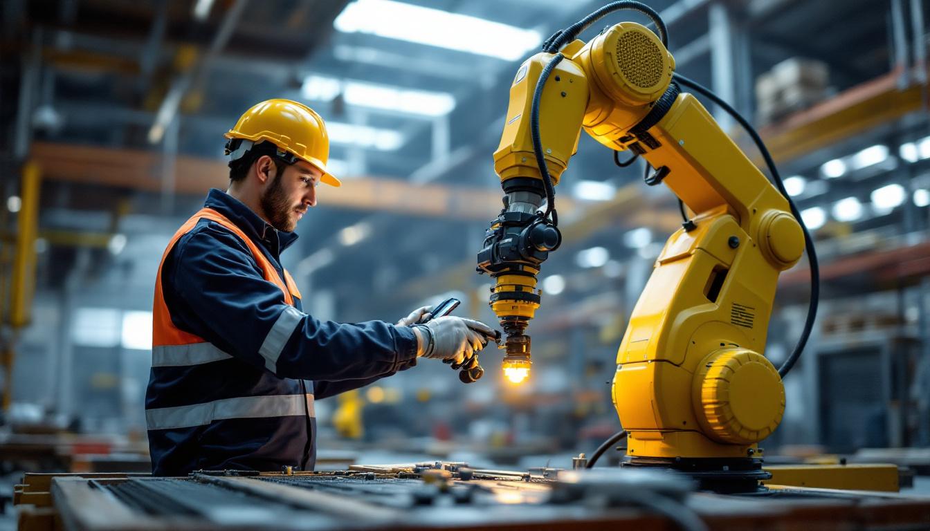 A photograph of a skilled technician operating a trimble industrial robotic system in a dynamic work environment