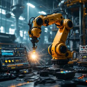 A photograph of a dynamic scene featuring an industrial robot in action