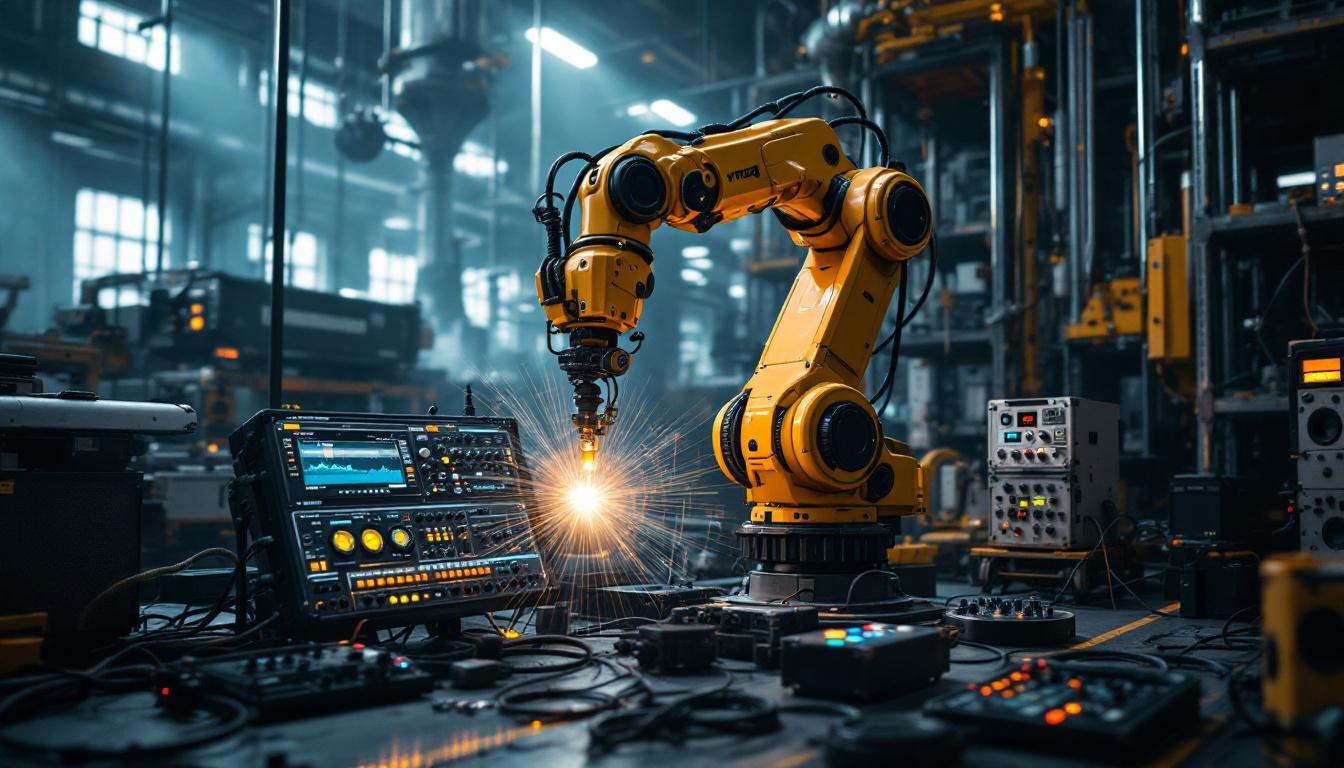 A photograph of a dynamic scene featuring an industrial robot in action