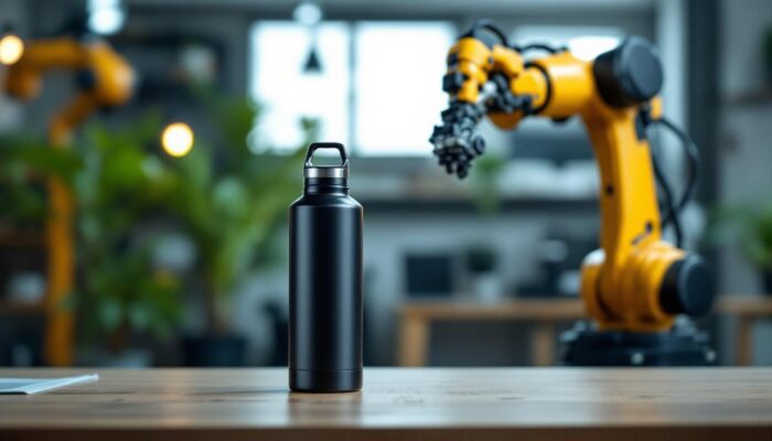 A photograph of a sleek black stanley 40oz water bottle prominently displayed alongside a modern industrial robotic arm in a well-lit