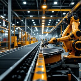 A photograph of a busy industrial workspace featuring a conveyor belt in operation