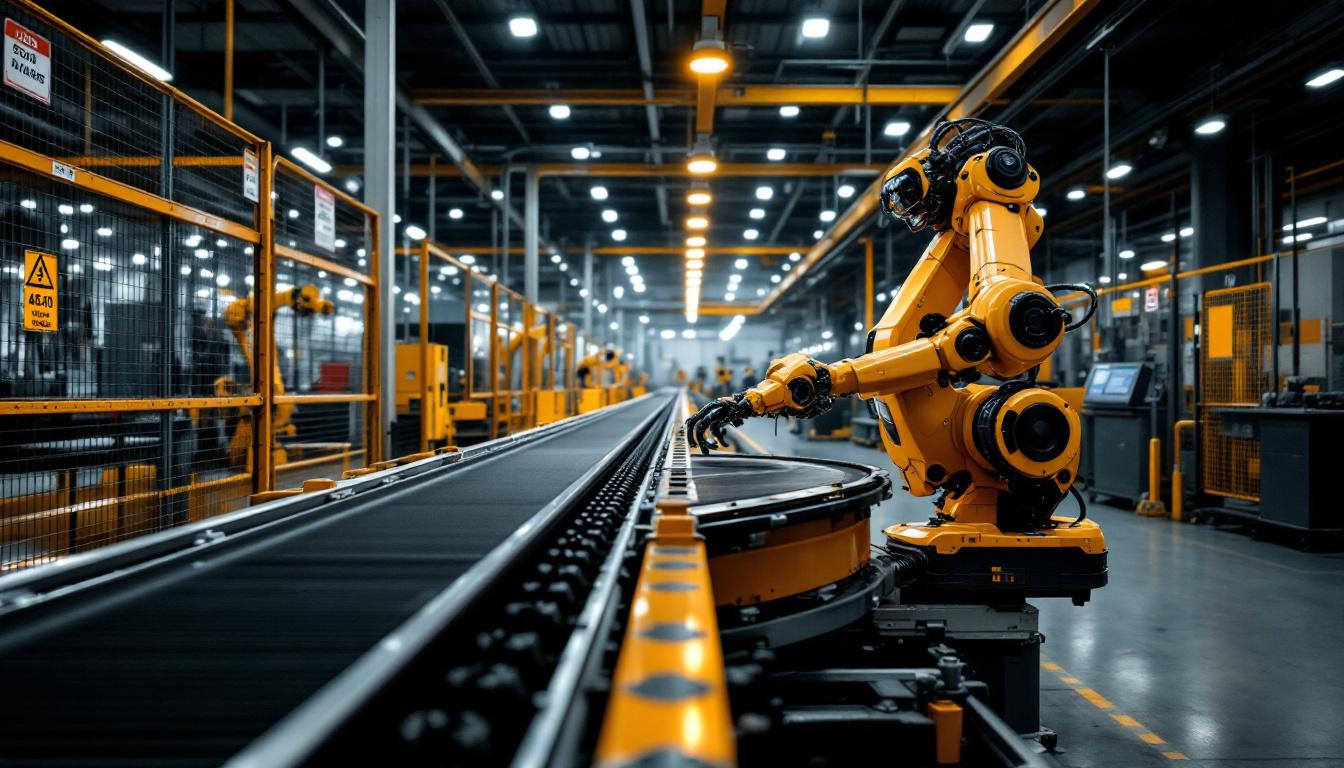 A photograph of a busy industrial workspace featuring a conveyor belt in operation